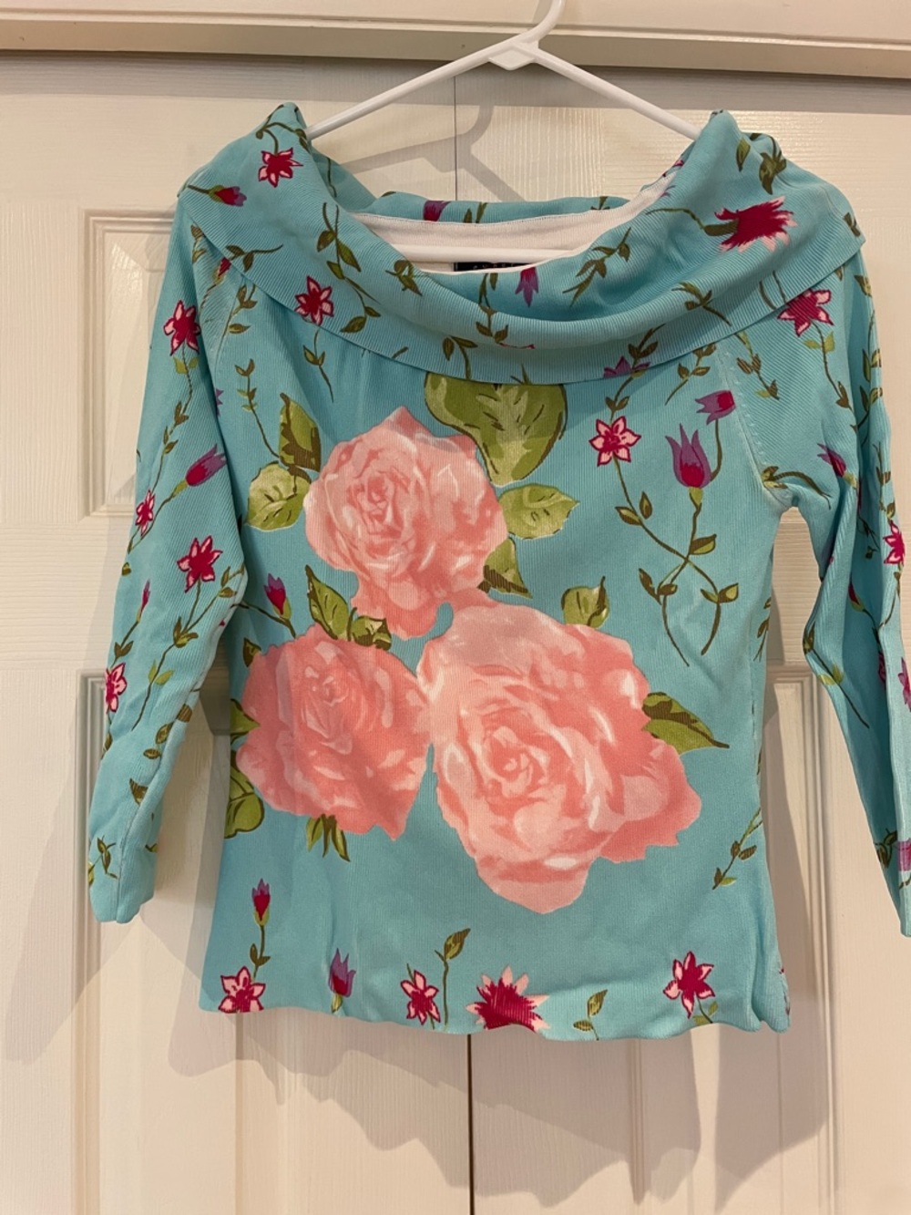 Light Blue Floral Top with Cream Trim